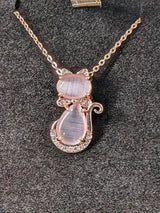 Genuine Rose Quartz Necklace Whole Cat with bow 1.76ct with Genuine White Zircon Accents
