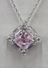 High Carbon Sparkling Pink Diamond Necklace with Baguette Halo .80ct/1.24cttw
